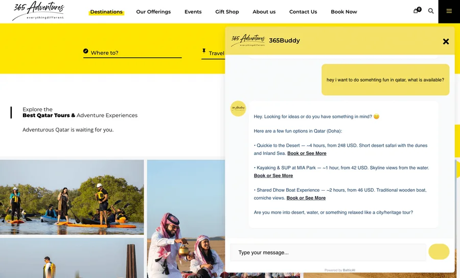 The 365Buddy assistant on the 365 Adventures website suggesting desert, kayaking and dhow boat trips in Qatar