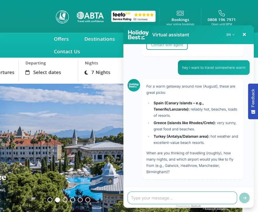 The Holiday Best virtual assistant, built by BalticAI, suggesting warm holiday destinations in reply to a customer's message