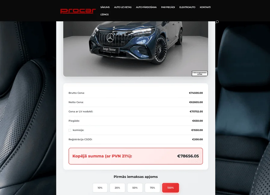 Procar.lv calculator showing a Mercedes-Benz with its cost breakdown, total including VAT and down-payment options