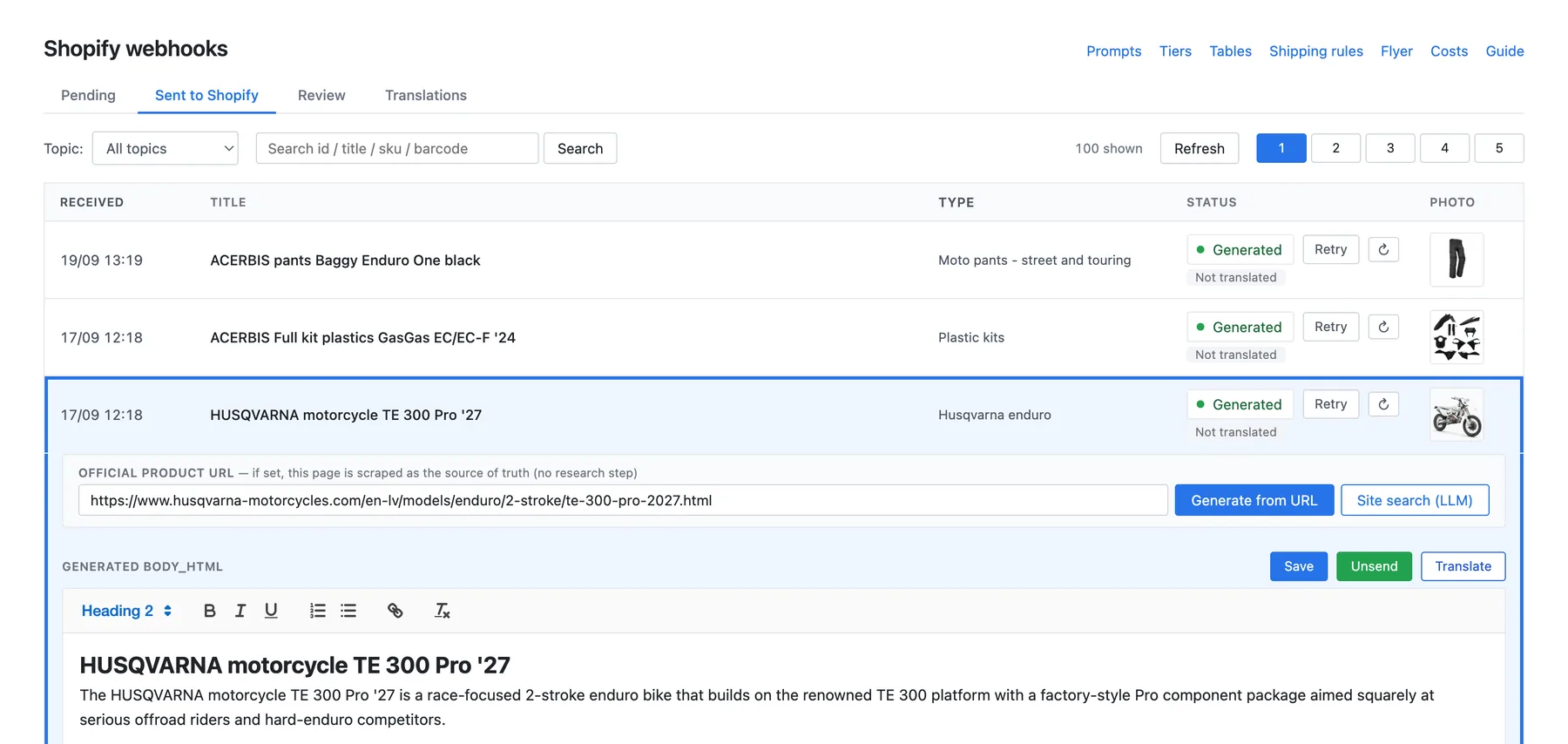 The Raksto.ai dashboard showing products sent to Shopify and a generated product description